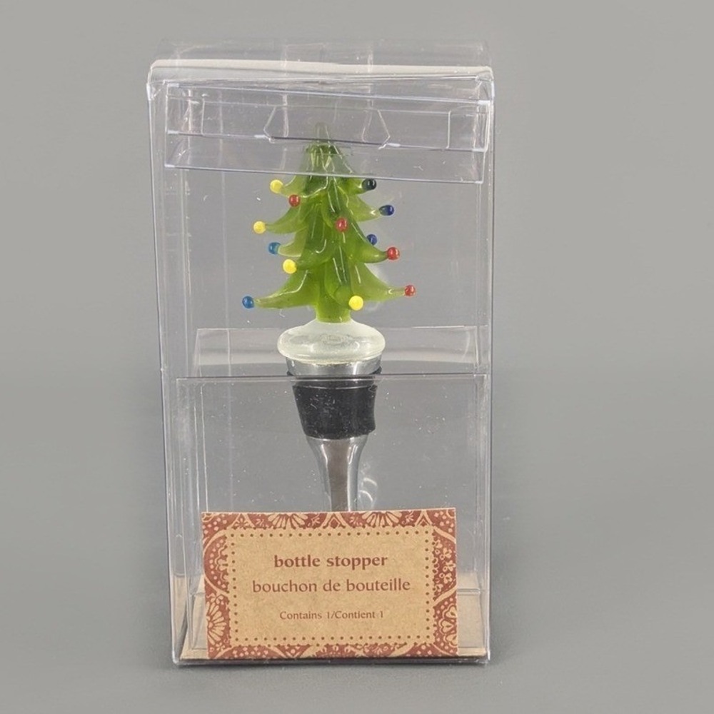 Pier 1 Imports Christmas Tree Glass Bottle Stopper Green Holiday Barware NEW